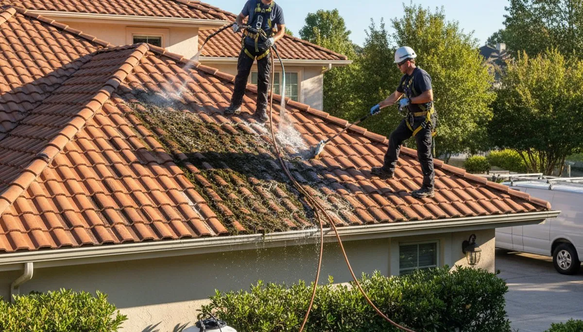 Fort Collins, CO roof cleaning service removing moss and debris from a residential roof
